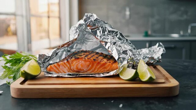 Salmon fillet baked in foil on board