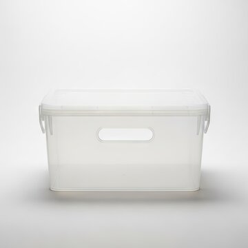 Transparent plastic container with lid isolated on a neutral white background
