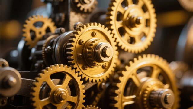 Close-up of interlocking brass gears in a mechanical assembly