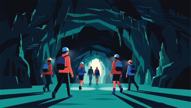 Illustration Of A Group Of People Exploring A Cave Vector Design Template