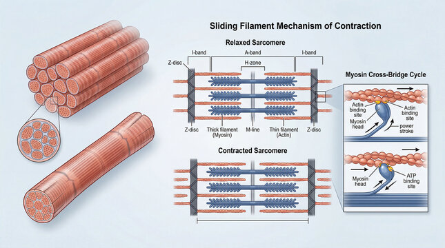 Sliding filament mechanism of contraction shows details of sarcomeres in relaxed and contracted states with the myosin cross-bridge cycle