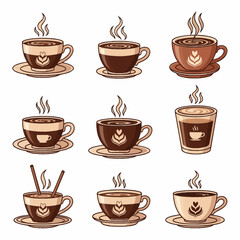 Obraz premium Set of nine stylized coffee and tea cup illustrations featuring rising steam, saucers, and intricate latte art patterns including hearts and swirls on a white background.
