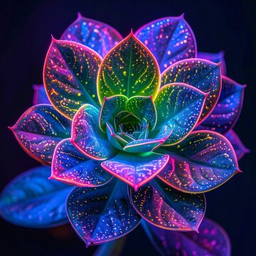 A close-up view of a plant with vibrant neon lights on its leaves