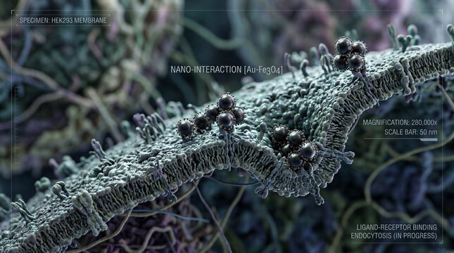Detailed view of nano interaction on HEK293 membrane with ligand-receptor binding process in progress at high magnification