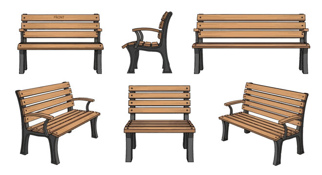 Vector illustration set showing multiple views of a classic wooden park bench with black cast iron legs, including front, side, and isometric angles isolated on white background.