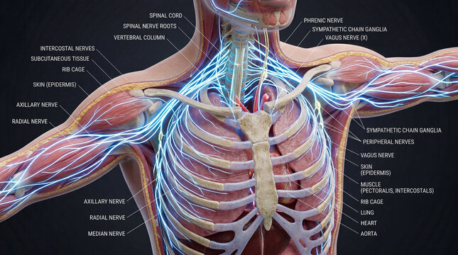 Detailed view of human anatomy showing nerves and major blood vessels in the upper body with a focus on the thoracic region