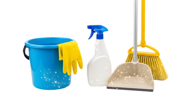 Cleaning supplies arranged on a transparent background for easy use