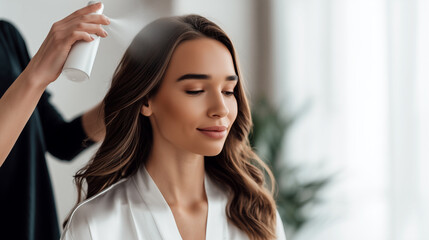 Naklejka premium Stylist spraying heat protectant mist on woman's wavy hair in modern salon. White robe, soft light, aerosol visible. Professional haircare treatment, beauty routine concept.