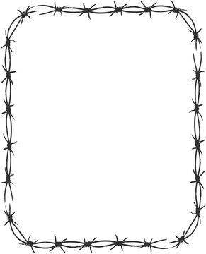 Barbed wire twisted barrier gothic steel boundary, silhouette guard fence, protection isolated on white background. Design element for military, secure object, prison