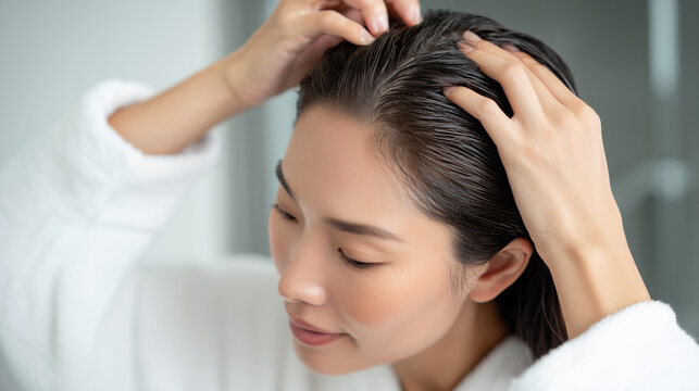 An Asian woman in her early 30s parting hair and applying serum along scalp lines, calm neutral bathroom environment, soft daylight, focus on clean healthy roots and application process