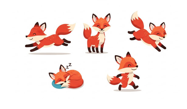 Cute fox character collection with cartoon forest animal poses vector