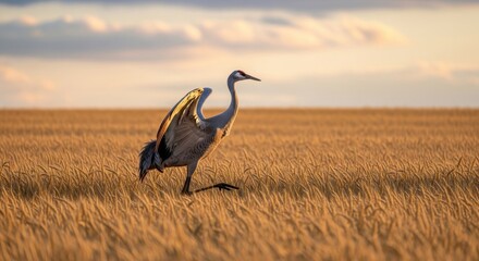 Fototapeta premium A grey crowned crane with elegant feathers and a sharp beak stands in the grass of a wild field during a golden morning sunset, showcasing beautiful avian wildlife and nature's fauna