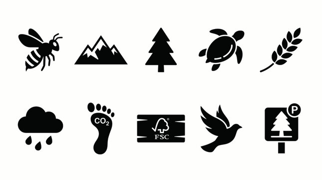 Collection of black icons for environment sustainability and nature conservation