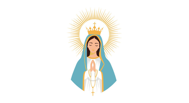 Religious illustration of the Virgin Mary praying with eyes closed, wearing a crown and a blue veil with a radiant sunburst halo.