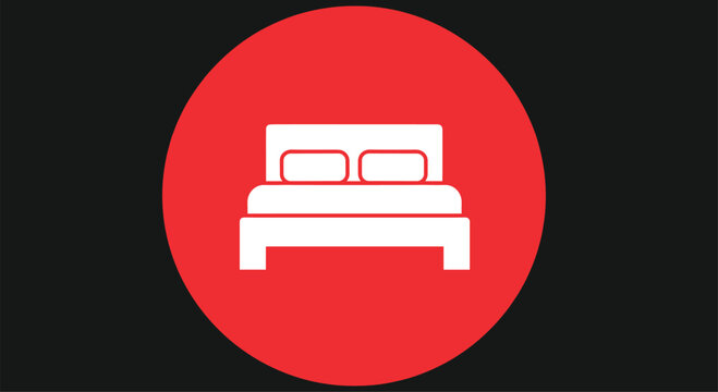 Hotel or bedroom icon featuring a white bed with pillows inside a bold red circle against a dark background for navigation signage.