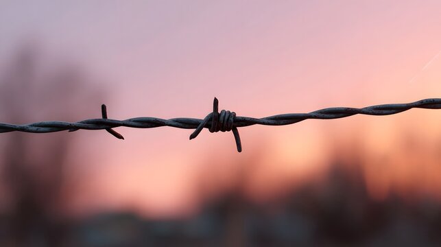A single strand of barbed wire cuts across a soft colorful expanse of sunset and dusk