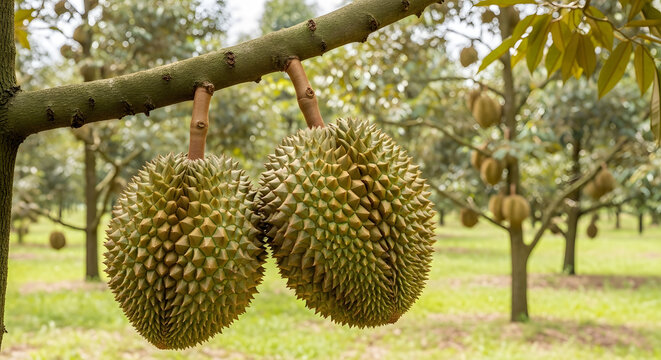 Two Durian Fruits Hanging on Tree Branch in Durian Orchard