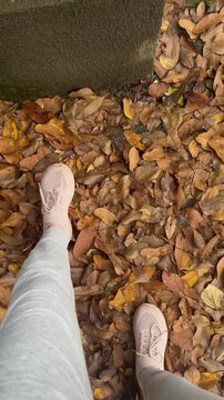Close-Up of Woman Walking Through Autumn Leaves in Motion