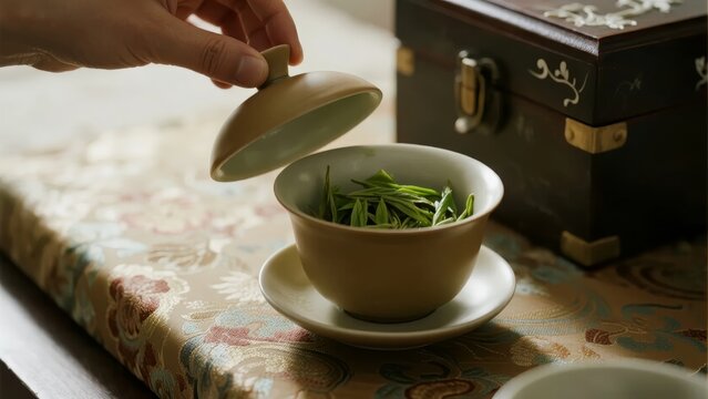 Hand lifting lid from a bowl of green tea leaves on a patterned tablecloth near a decorative box