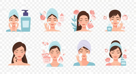 Fototapeta premium Set of eight vector illustrations featuring women in skincare routines, applying face cream, eye patches, and cleanser, decorated with pastel flowers and cosmetic product icons.