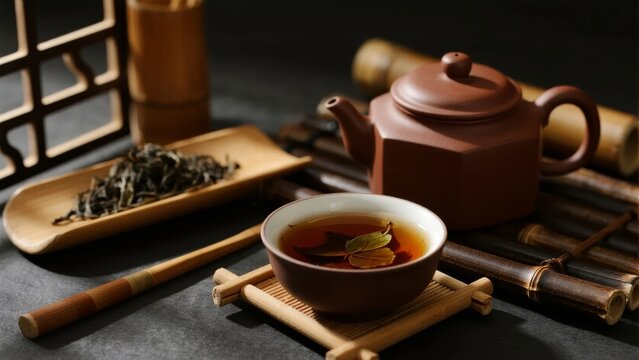 Traditional tea set with teapot, cup, and dried tea leaves arranged on a dark surface with bamboo accessories