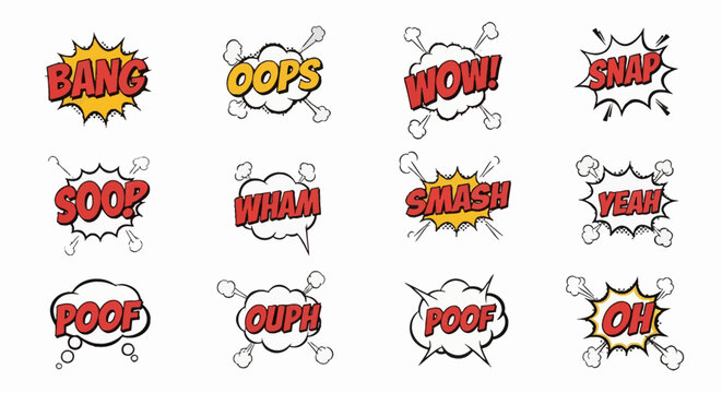 Collection of twelve colorful comic book sound effects and speech bubbles including Bang, Oops, Wow, Snap, Smash, and Poof, featuring halftone patterns, pop art burst elements, and retro fonts.