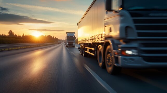 Trucks navigating highway at sunset transportation event open road scenic landscape dynamic motion for commercial use