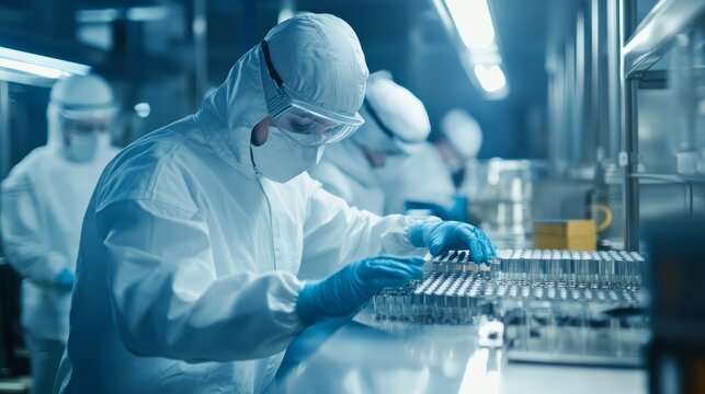 Laboratory personnel handling biopharmaceutical samples research facility scientific activity controlled environment close-up view safety protocols
