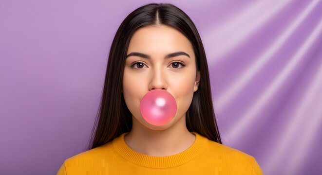 Young woman blowing pink bubble gum against a purple background with light rays