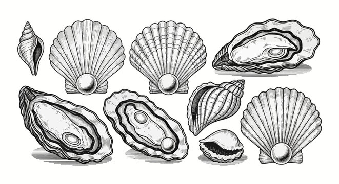 Vintage black and white engraving style illustration of various marine seashells including opened oysters with pearls, scallops, and spiral whelk shells isolated on a white background.