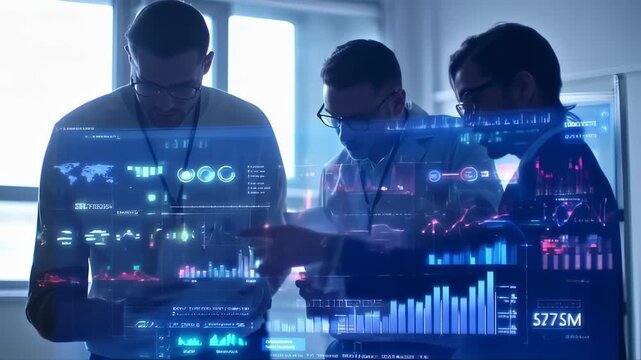 futuristic workplace where experts analyze global data trends and financial strategies, capturing the essence of modern enterprise decision-making