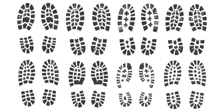 A collection of boot print outlines showing the distinct tread patterns of various footwear on a white background.