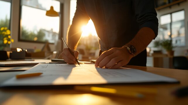 Creative professional working on project plans at sunset modern office lifestyle content warm environment close-up viewpoint