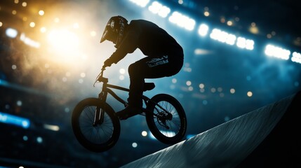 Naklejka premium Bmx rider performing stunning trick urban park action photography nighttime low angle thrilling sport adventure