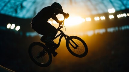 Naklejka premium Bmx rider performing stunt urban arena action photography evening glow dynamic perspective adventure and thrill