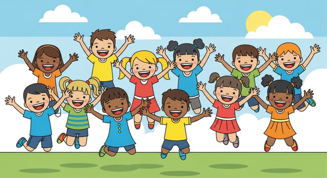 Joyful children jumping in the air with happy smiles and raised arms.