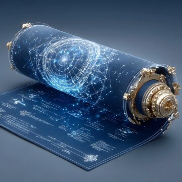 A detailed futuristic blueprint scroll unfurled, revealing glowing celestial charts, constellations, and arcane geometric designs with ornate gold.