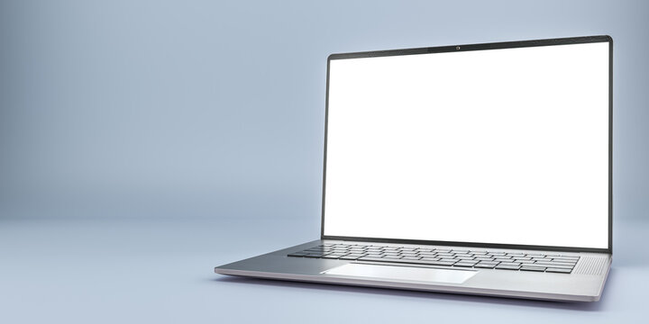 modern open laptop computer blank screen angled side view isolated light grey background internet communication business. 3d rendering