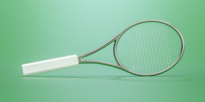 single modern tennis racket, sports equipment isolated bright green background fitness healthy lifestyle competition macro studio one object digital art template 3d rendering