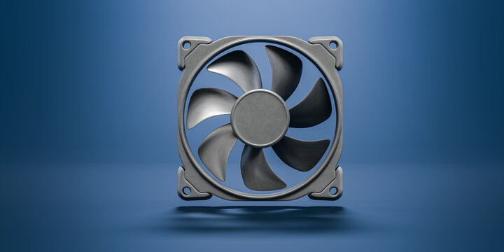 3d rendering modern pc computer case cooling fan front view isolated blue background technology hardware electronic macro studio single object graphic design template