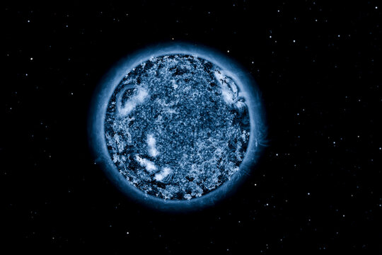 Blue sun star overlay in deep space universe background with solar flares and plasma explosion, abstract cosmos science fiction illustration, hot burning energy sphere ball isolated on black