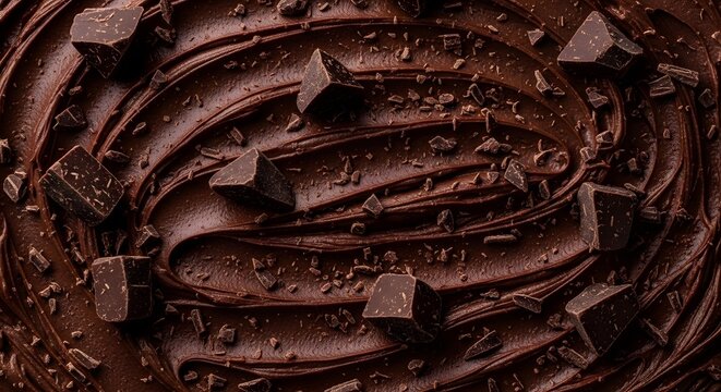 Rich dark chocolate frosting swirls with chunks and shavings close up macro texture background