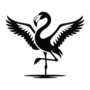 Elegant black silhouette of a flamingo standing gracefully with outspread wings