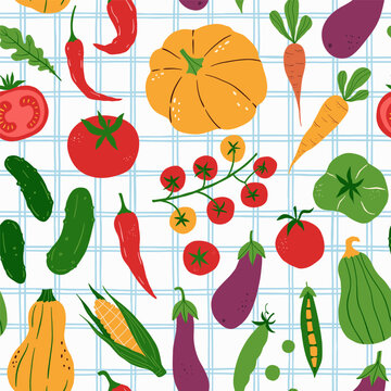 Seamless vector pattern with colorful vegetables on grid background. Includes tomatoes, carrots, peppers, corn, eggplant in playful hand-drawn style. Fresh, modern design for food and kitchen themes
