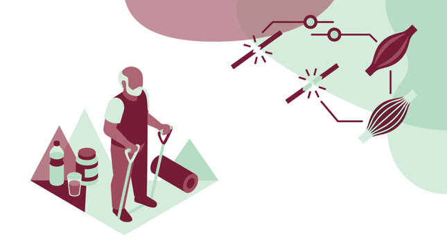 An active elderly man utilizes walking aids and nutritional supplements while surrounded by detailed anatomical diagrams of muscle fibers and digital health connectivity symbols.
