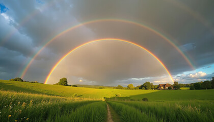 Obraz premium Vibrant double rainbow over green fields and cloudy sky 