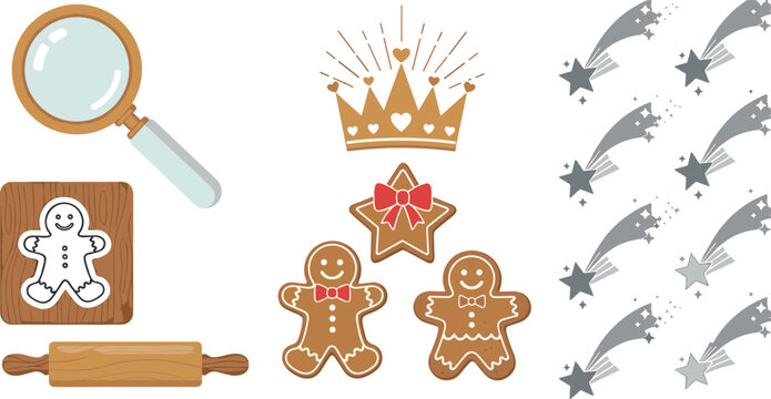 Christmas baking elements set with gingerbread cookies rolling pin crown stars and kitchen tools isolated vector illustration