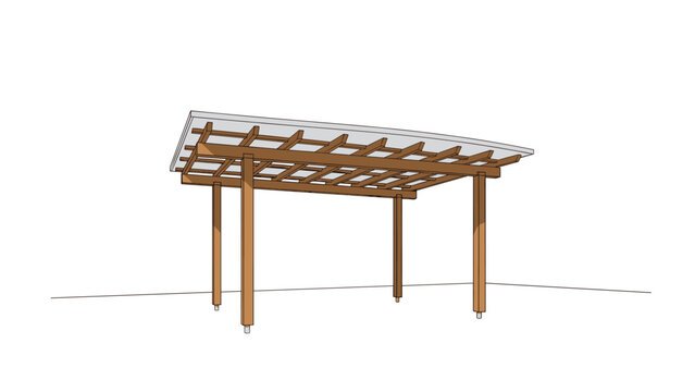 Architectural 3D model shows a simple wooden pergola structure designed for an outdoor patio area or backyard garden enhancement project.