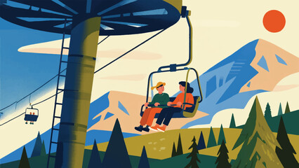 Illustration Of People On A Cable Car With Mountains And Forests Behind Them Vector Design Template © BedRoses
