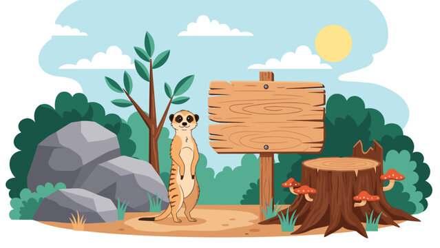Alert meerkat standing next to a blank wooden sign board and a tree stump in a lush forest clearing.